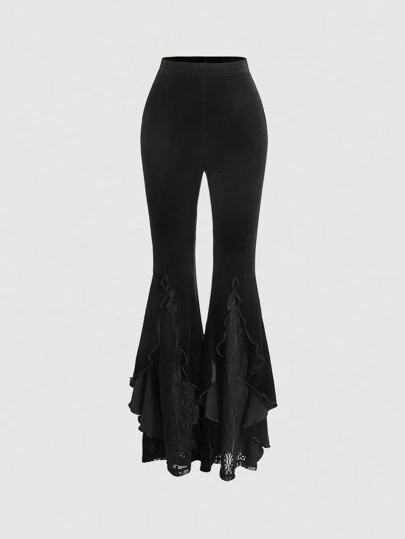 SHEIN MOD Black Date Night Romantic Contrast Lace Ruffle Trim Velvet Flare Leg Pants