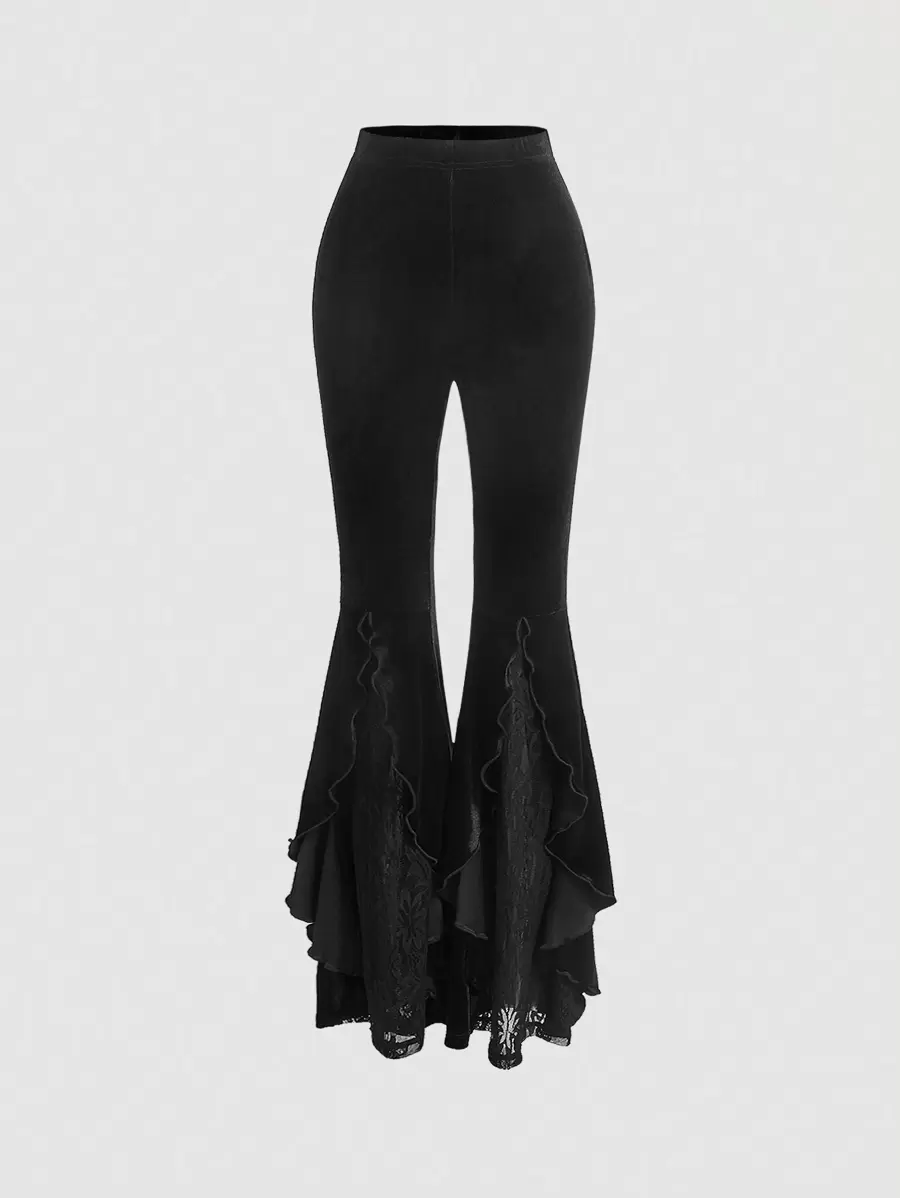 SHEIN MOD Black Date Night Romantic Contrast Lace Ruffle Trim Velvet Flare Leg Pants