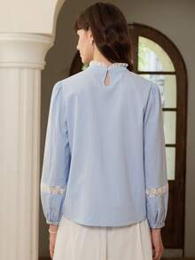 Simple Retro Guipure Lace Insert Mock Neck Lantern Sleeve Blouse - Baby Blue - View 3
