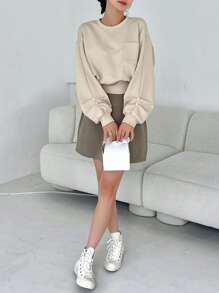 DAZY Solid Drop Shoulder Pocket Patched Sweatshirt,Long Sleeve Tops - Khaki - View 5
