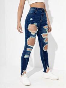 Jeanoix Ripped Raw Hem Skinny Jeans Ripped Jeans - Dark Wash - View 4