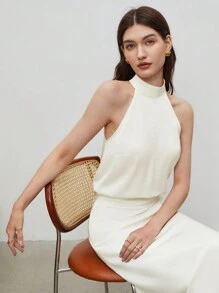 BizChic 女士纯色缎面衬衫，V 领休闲夏季衬衫，优雅办公装 - 米色 - 查看 10