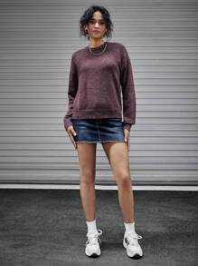 Mainfolk 1pc Solid Round Neck Sweater, For Fall Winter - Purple - View 3