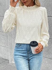 SHEIN Frenchy Frill Trim Lantern Sleeve Blouse Elegant - Apricot - View 4
