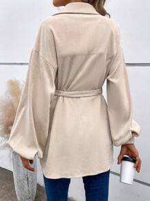 SHEIN Frenchy 翻蓋細節落肩袖腰帶燈芯絨大衣 - 杏色 - 查看 2
