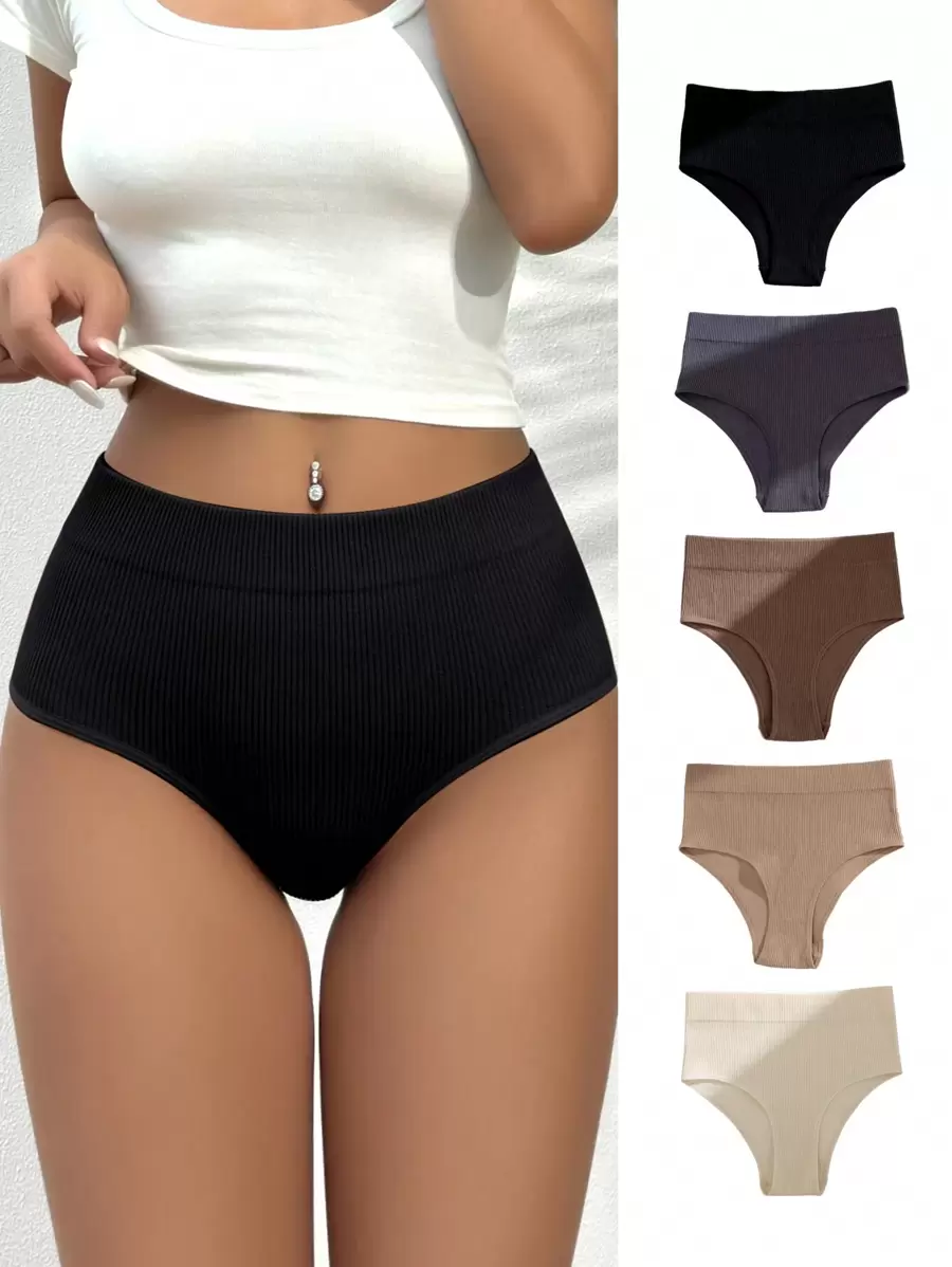 Women's Casual Comfy Plain High Waisted Briefs Multicolor Fabric Underwear With Slight Stretch - Multicolor - View 1