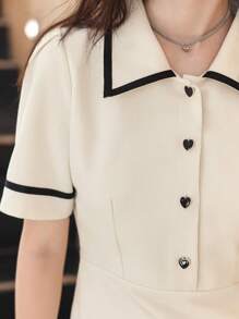 DAZY Contrast Binding Puff Sleeve Shirt Dress - White - View 8