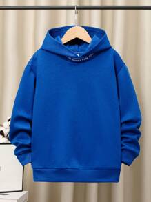 SHEIN Áo nỉ giữ nhiệt có lót, vai rớt, in hình khẩu hiệu dành cho bé trai tuổi teen. - Màu xanh lam - Xem 1