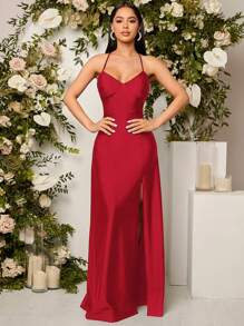SHEIN Belle Vestido de dama de honor con abertura lateral y espalda descubierta en rojo burdeos con drapeado cruzado - Burdeos - Ver 3