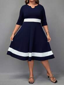 Chikora Plus Contrast Panel Notched Neckline Dress