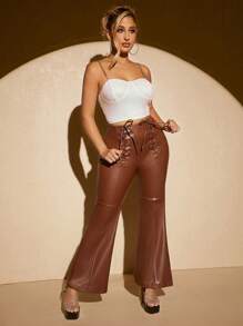 SHEIN SXY Lace Up Front Flare Leg Patent Pants - Coffee Brown - View 5