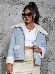 Eilly Bazar Teddy Lined Zip Up Coat - Baby Blue - View 1