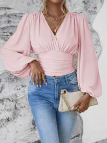 EMERY ROSE Women's Solid Color Overlap V-Neck Lantern Sleeve Pleated Fashion Blouse - Pink - View 7