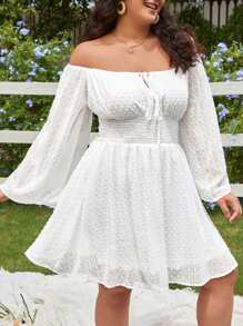 SHEIN VCAY Cộng với váy phía trước có nút thắt trễ vai của Thụy Sĩ - trắng - Xem 1