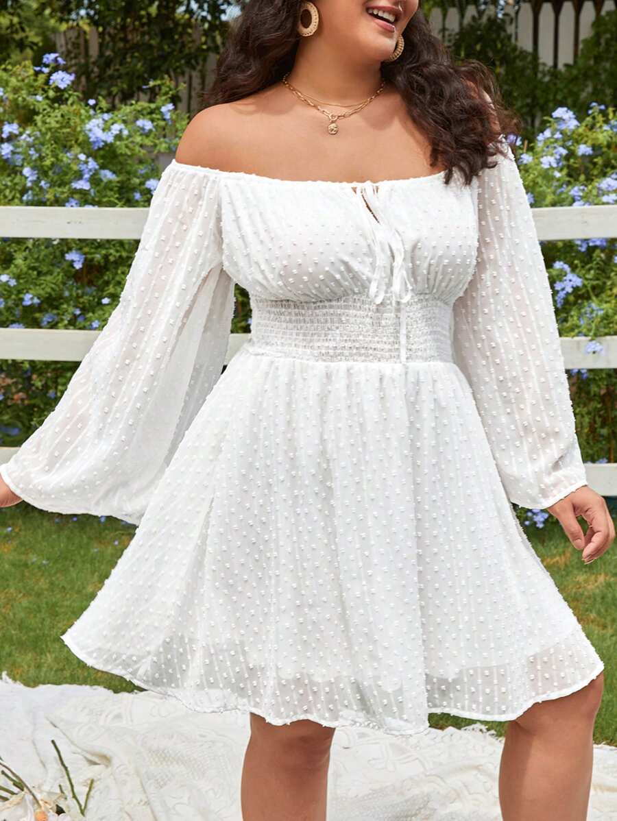 SHEIN VCAY Cộng với váy phía trước có nút thắt trễ vai của Thụy Sĩ - trắng - Xem 1