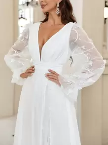 SHEIN Belle Plunging Neck Flare Sleeve Split Thigh Embroidery Mesh Wedding Dress, White Elegant Long Sleeve Bridal Dress, Bridal Shower Dress White Dress