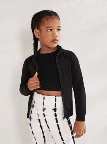 SHEIN Cô gái Tween Cổ giả Dây kéo Hoạt động Áo khoác - màu đen - Xem 5