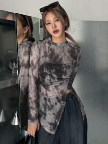 DAZY 扎染开叉下摆网眼上衣（不含吊带背心）外出上衣长袖女式上衣 - 灰色 - 查看 3