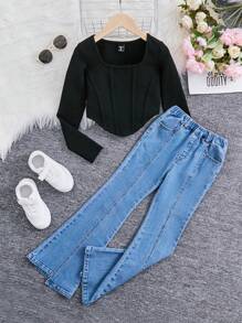 SHEIN Leap Crew 女大童方領手帕下擺 T 恤和喇叭褲腿牛仔褲 - 彩色 - 查看 3