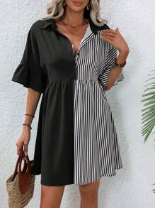 SHEIN Unity Striped Print Flare Sleeve Shirt Dress