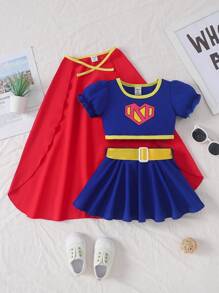 SHEIN Baby Girl Heart Print Puff Sleeve Contrast Binding Tee & Cape & Belted Skirt Costume Set