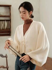 DAZY Áo khoác cardigan tay loe thắt nút phía trước, quần áo mùa thu - Màu be - Xem 6