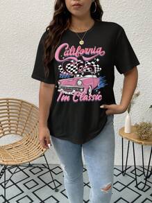 SHEIN EZwear Talla grande Camiseta con estampado de coche y letra - Negro - Ver 4