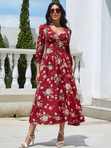 Eilly Bazar Floral Print Ruched Surplice Neck Dress - Multicolor - View 4