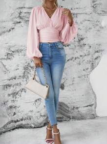 EMERY ROSE Women's Solid Color Overlap V-Neck Lantern Sleeve Pleated Fashion Blouse - Pink - View 5
