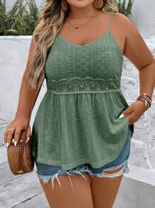 Breezaya Plus Eyelet Embroidery Peplum Summer Boho Cami Top - Green - View 5