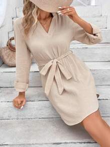 SHEIN Frenchy Solid Belted Tunic Dress - Apricot - View 5