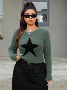 SHEIN EZwear Áo Len Họa Tiết Ngôi Sao Plus - màu xanh lá - Xem 4