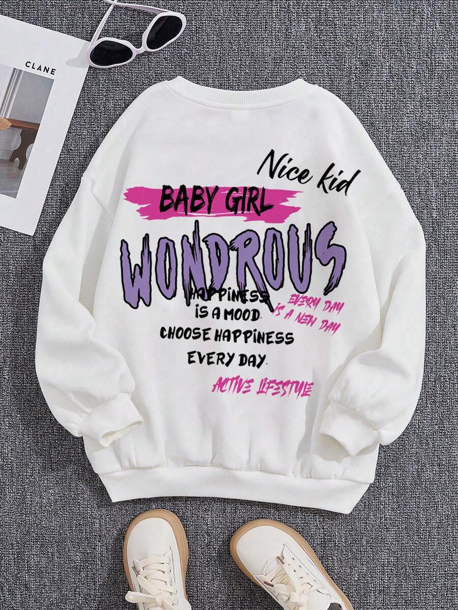 SHEIN Tween Girl Slogan Graphic Drop Shoulder Sweatshirt - White - View 1