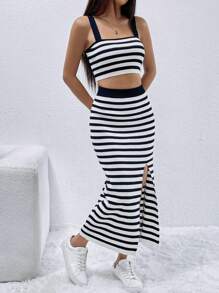 SHEIN EZwear Striped Pattern Cami Knit Top & Split Thigh Knit Skirt