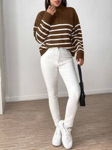 SHEIN Essnce 條紋圖案半拉鏈落肩袖套頭毛衣 - 咖啡棕 - 查看 3