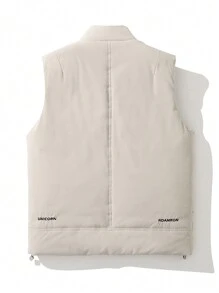 Men Letter Patched Detail Drawstring Hem Vest Padded Coat, Warming - Khaki - View 2