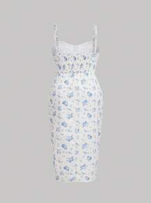 SHEIN MOD Plus Floral Print Drawstring Split Thigh Cami Dress - Blue and White - View 2