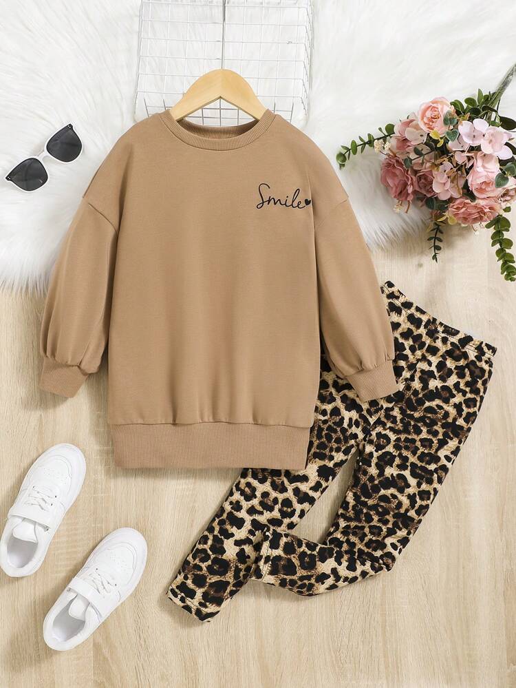 Young Girl Letter Graphic Drop Shoulder Pullover & Leopard Leggings