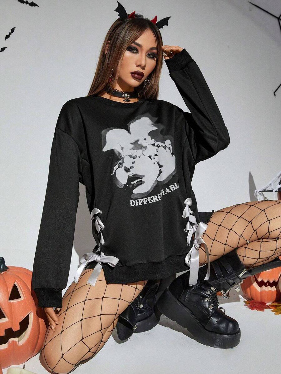 PUNK 万圣节字母和数字图案系带侧落肩套头卫衣秋季卫衣 - 黑色 - 查看 1