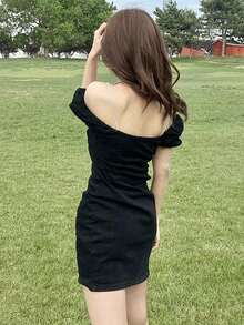 Chain Detail Puff Sleeve Sheath Dress - Black - View 2