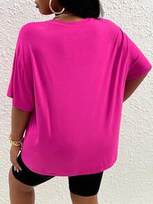 Slaydiva Plus Letter Graphic Drop Shoulder Tee & Biker Shorts - Hot Pink - View 2