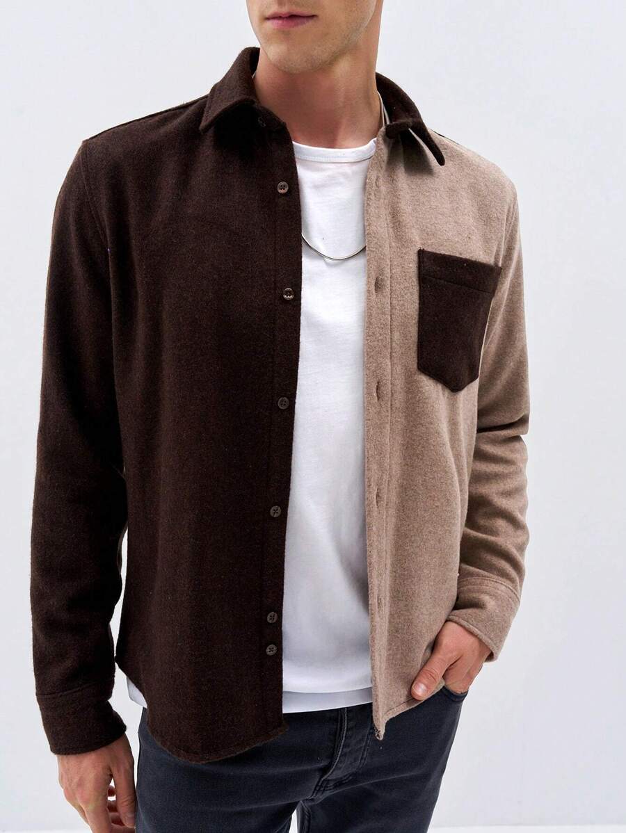 RueChic Men 1pc Two Tone Pocket Patched Shacket - Chocolate Brown - View 1