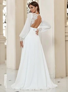 SHEIN Belle Mesh Insert Lantern Sleeve Floor Length Wedding Dress White Elegant Long Sleeve Bridal Dress - White - View 2