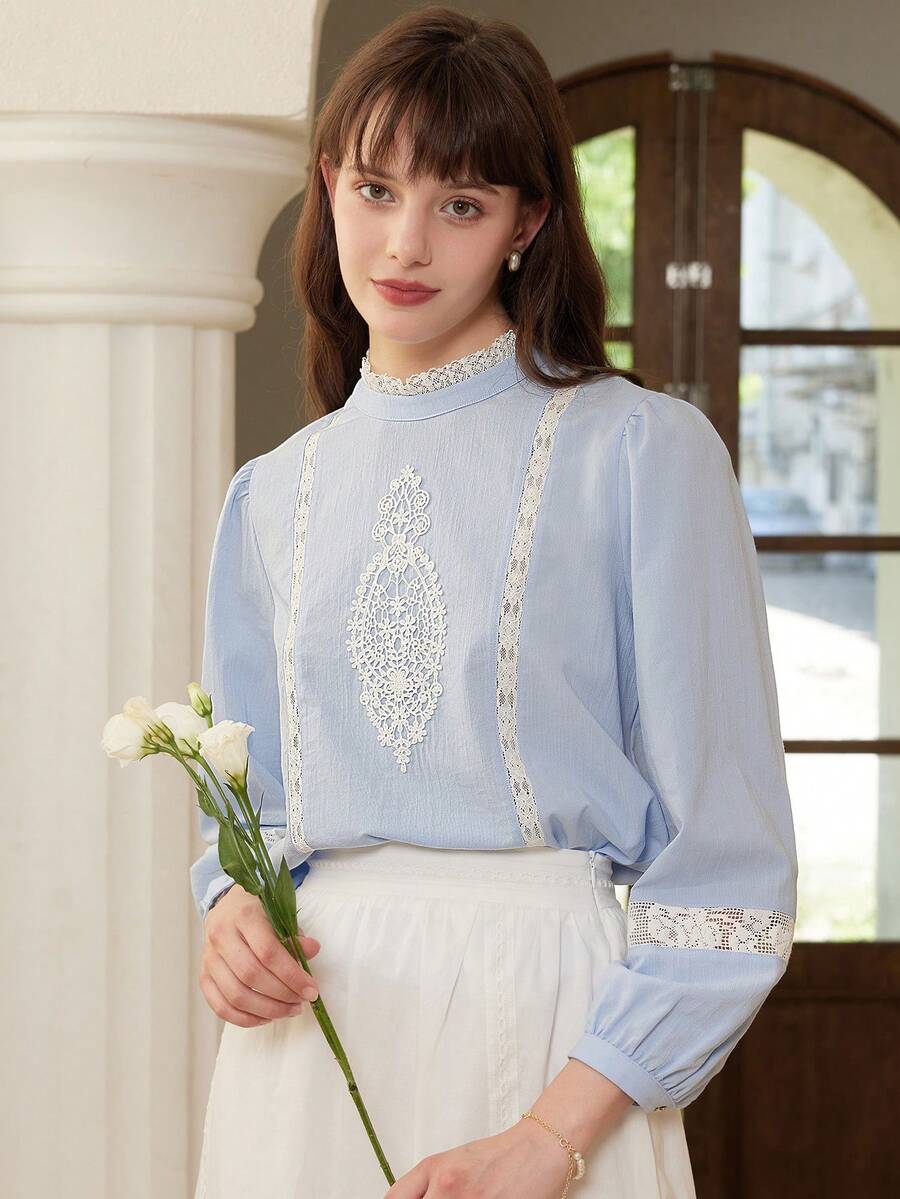 Simple Retro Guipure Lace Insert Mock Neck Lantern Sleeve Blouse