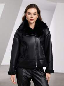 Zip Up PU Leather Jacket - Black - View 1