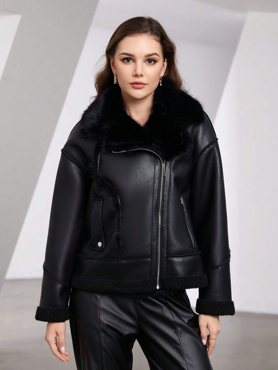 Zip Up PU Leather Jacket - Black - View 1