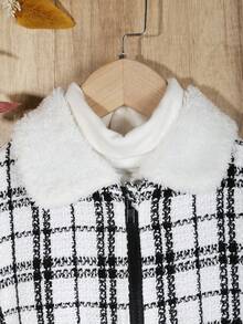SHEIN 女大童1入組格紋印花羊絨領口腰帶外套 - 白色 - 查看 5