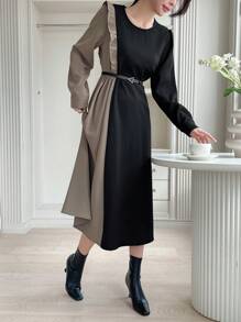 DAZY Two Tone Round Neck Dress - Black - View 6