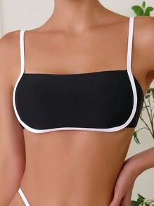 SHEIN Swim 撞色滾邊比基尼泳裝上衣 - 黑與白 - 查看 4