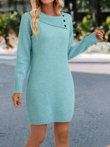 SHEIN LUNE Asymmetrical Neck Button Detail Sweater Dress - Mint Blue - View 4